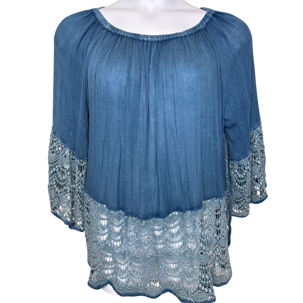 Muche Muchette Women‎ Blue Crochet Lace Peasant Blouse O/S Good Boho Shabby Chic